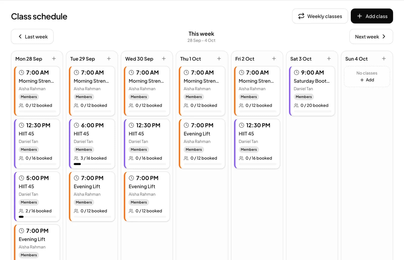 Weekly class schedule with coaches and spots booked