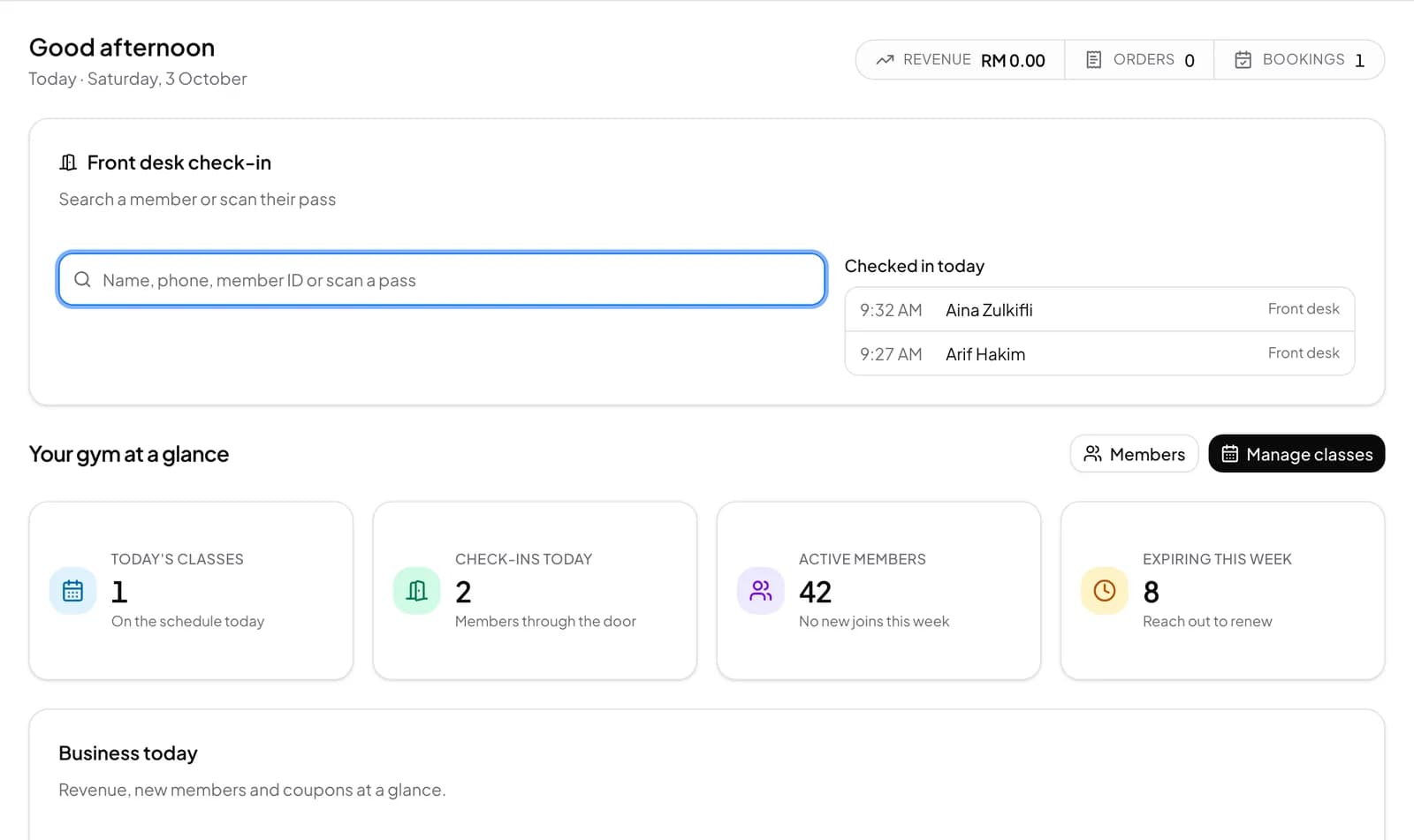 Timeo gym dashboard with front desk check-in and today’s check-ins