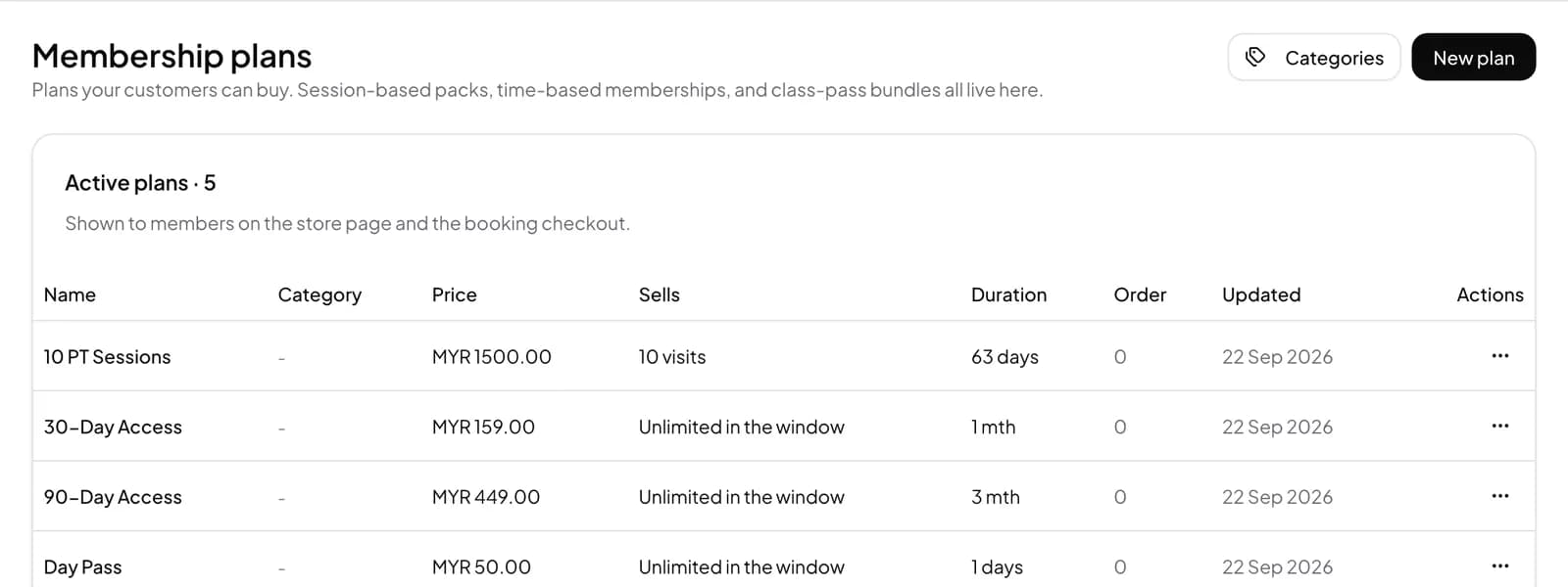 Membership plans list with visit packs and memberships