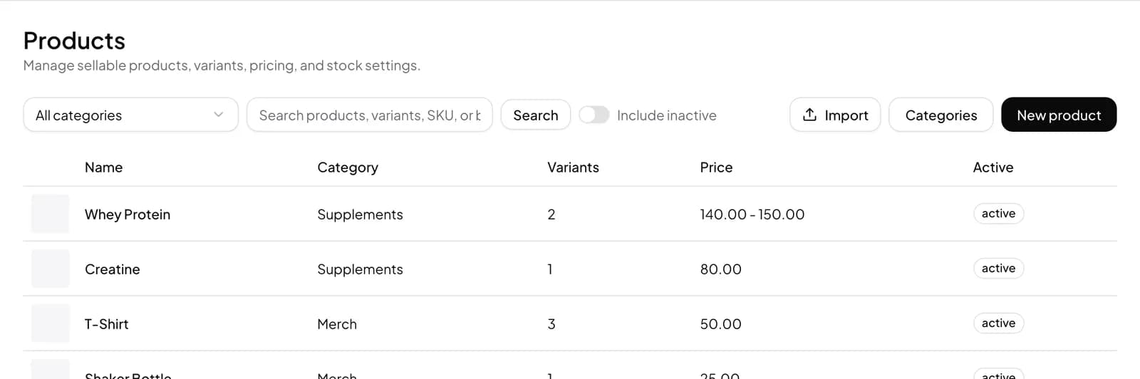 Products list with variants, prices and categories