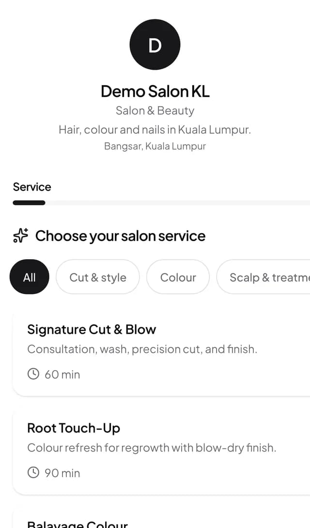 Online booking page where clients pick a service
