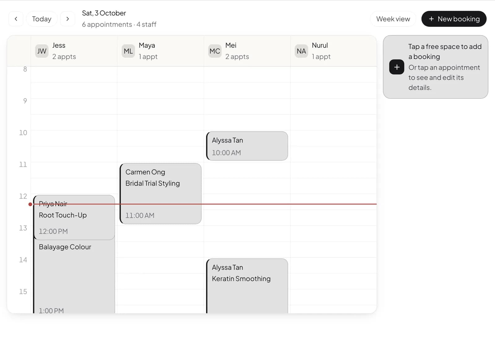 Appointments calendar with a column for each staff member